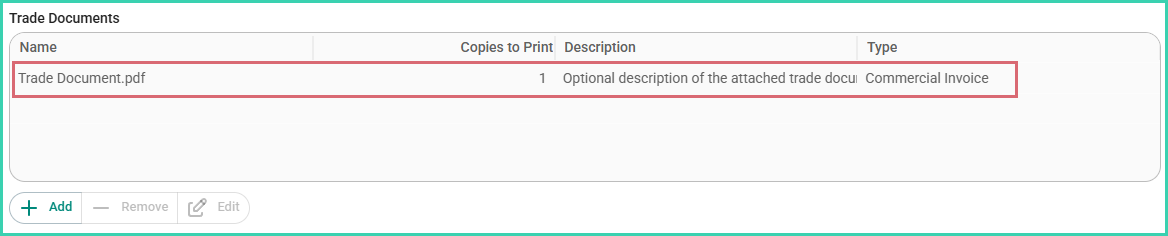 The uploaded document is shown in the trade documents section.