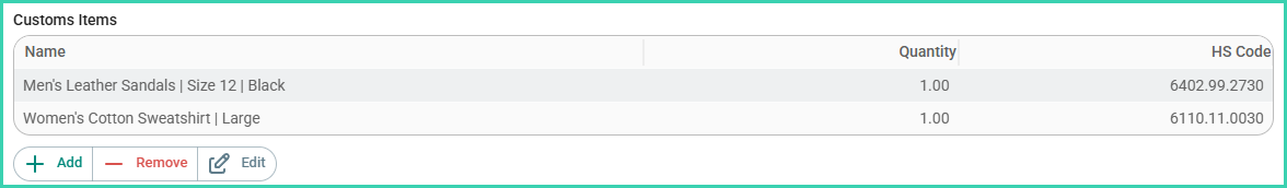 Customs Items section listing items with Edit and Add buttons