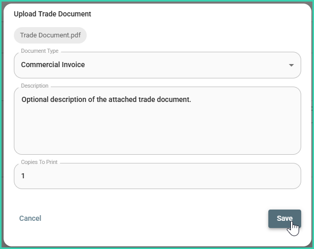 Upload Trade Document dialog with document type and description fields