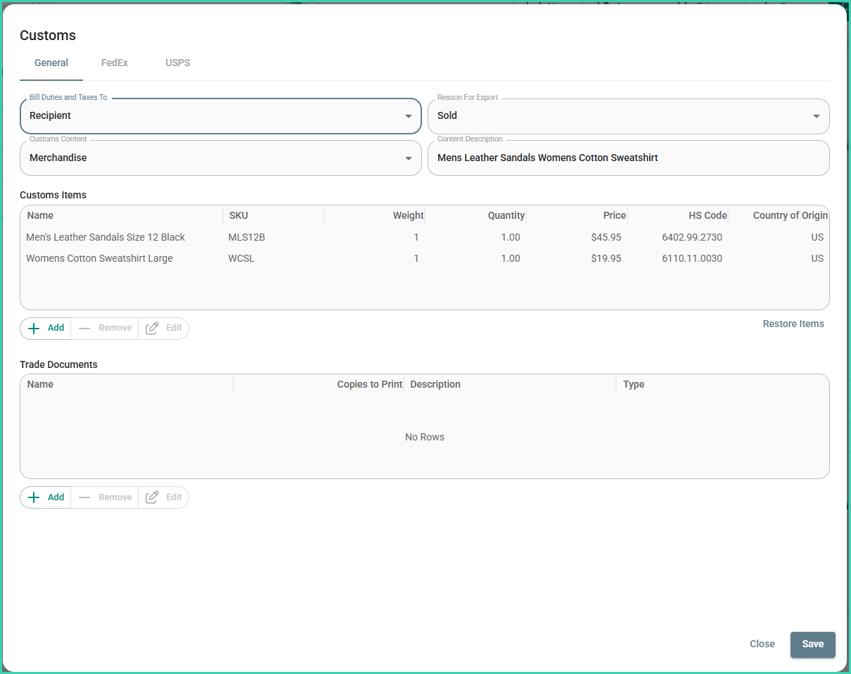 The customs pop-up is shown.