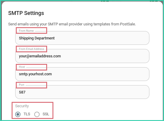 The from name, email address, host, and port have been entered in the SMTP setup screen.