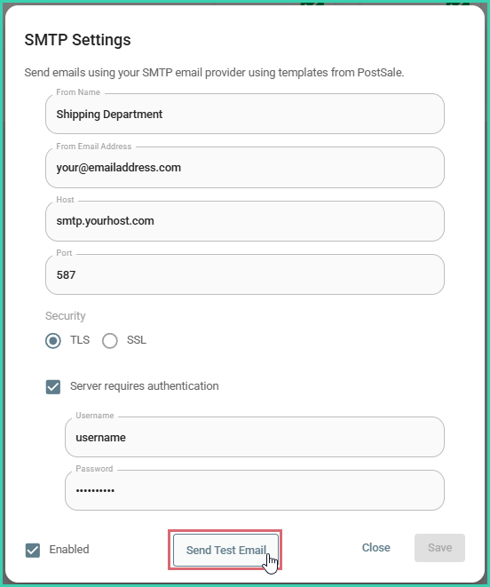 Send Test Email button highlighted in the SMTP setup screen