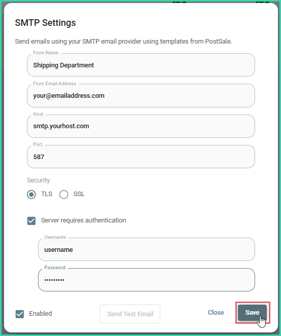 SMTP email settings form with updated fields and Save button