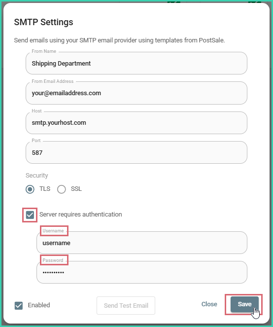 Security is enabled and the username and password are entered.