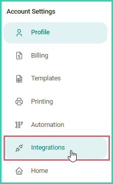 The integrations link is being clicked in the account setting, left-side menu.