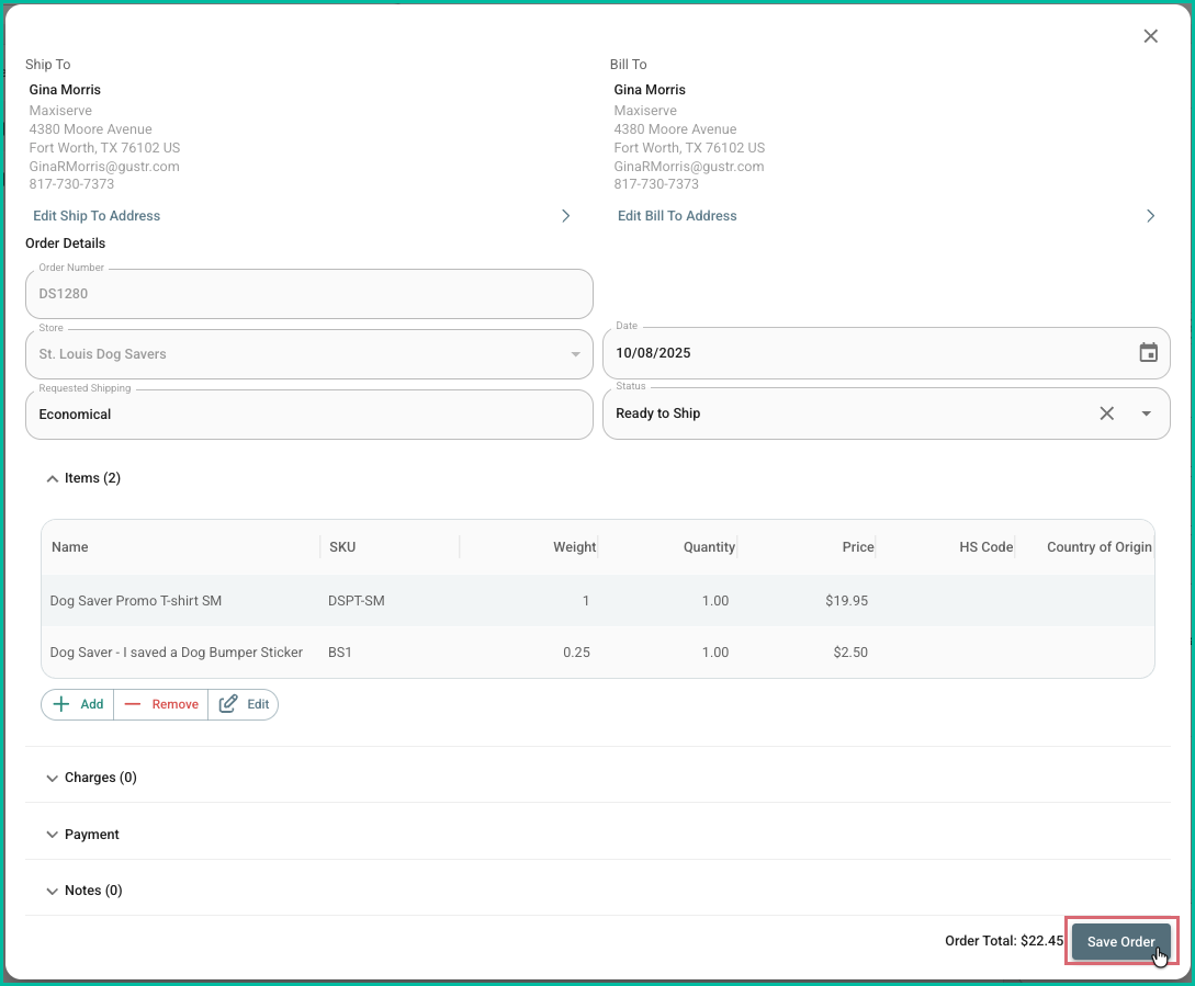 The save button is being clicked to save the order.