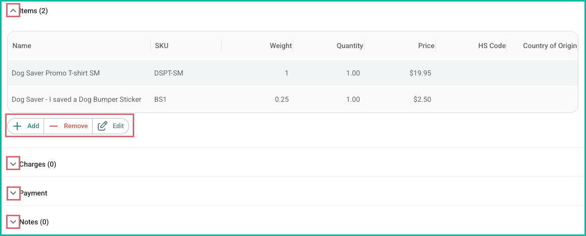 The editable sections of the order editor are highlighted.