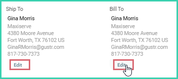 Ship To and Bill To address sections with Edit links highlighted