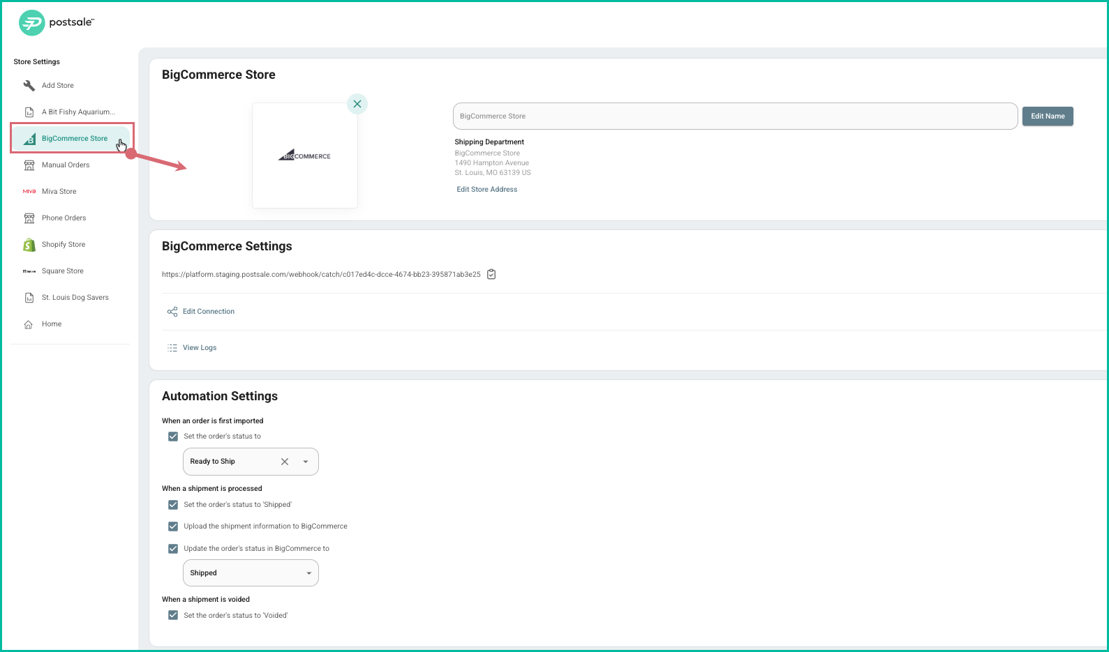 BigCommerce is selected and the settings are shown.