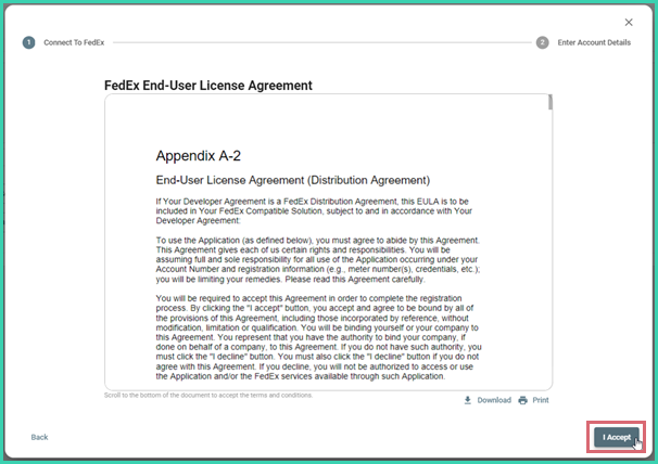 FedEx End-User License Agreement with the I Accept button highlighted