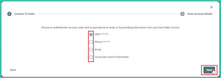 FedEx account verification options showing PIN code and invoice methods