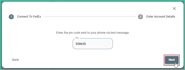 A PIN is being entered to verify the FedEx account.