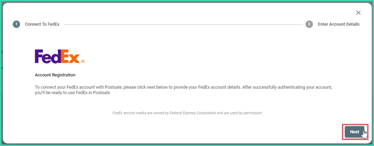 Connect to FedEx dialog with the Next button highlighted