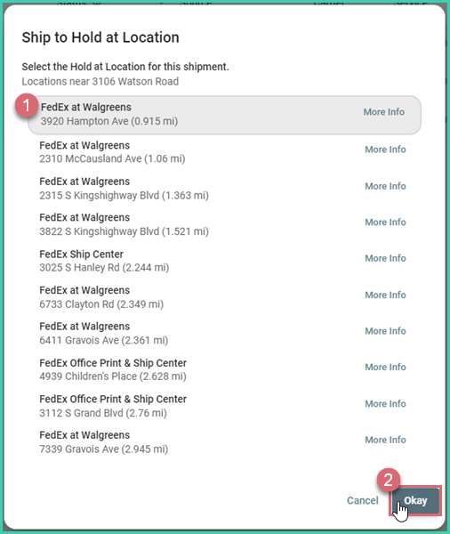 FedEx Hold at Location list with a location selected