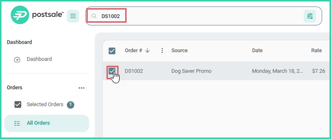 Order selected in the Orders Grid after searching