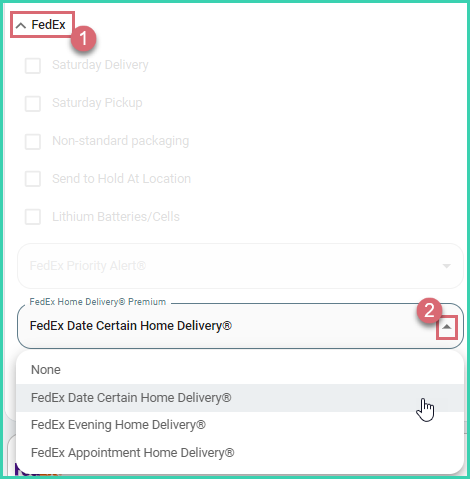 FedEx Home Delivery Premium option selected in the Dock