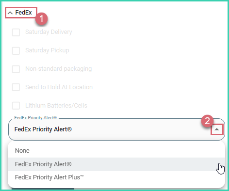 The FedEx section is expanded. FedEx priority alert is being selected from the drop-down menu.
