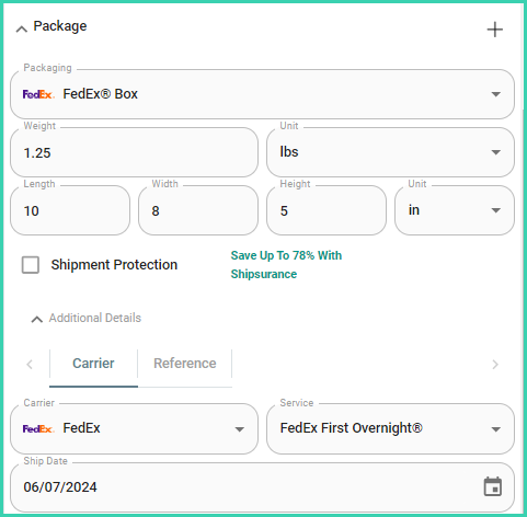 Sample FedEx shipment details are displayed with FedEx First Overnight as the service.