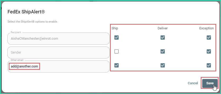FedEx ShipAlert options with alert checkboxes and Save button