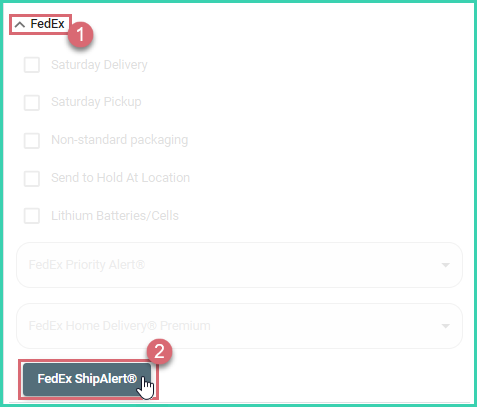 The FedEx section of the dock is expanded and the FedEx Ship Alert button is being clicked.