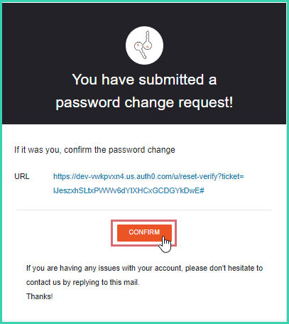 Confirm button highlighted in the password reset email