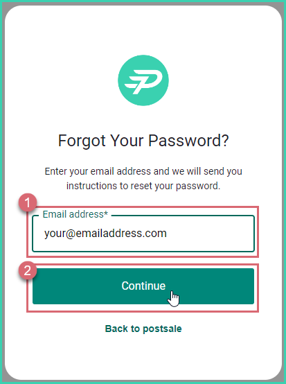 Email address entered and Continue button highlighted on the reset password screen