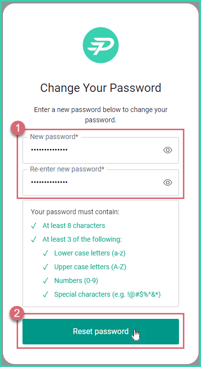 New password fields filled in with Reset password button highlighted