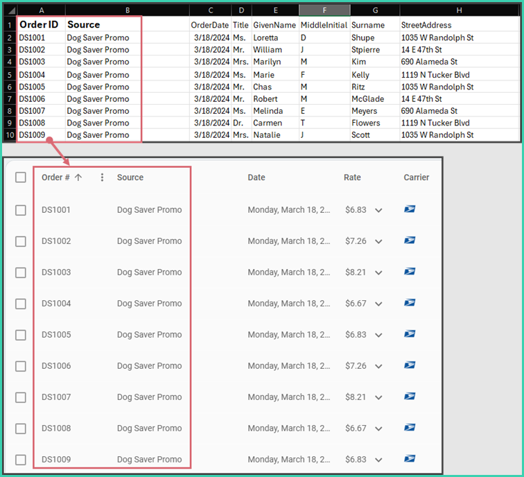 CSV file showing matching Order Numbers and Source columns