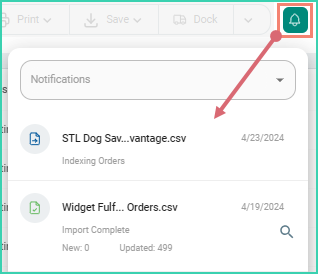 Notifications panel showing import progress and completion status