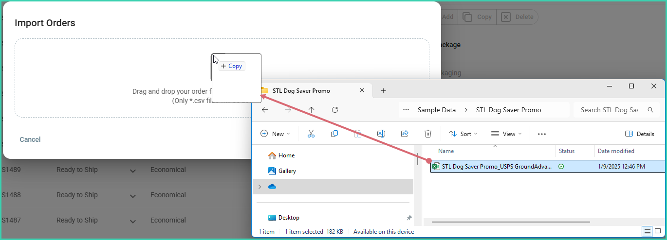 Drag and drop interface for selecting a CSV file