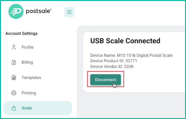 Scale settings showing the Disconnect button in Account Settings