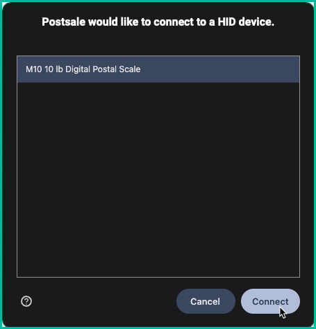 An example of a scale being selected and the option to connect to it is being clicked.
