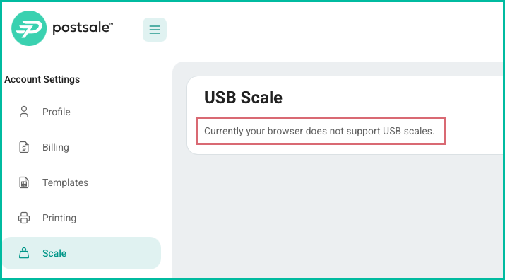 Browser message indicating USB scales are not supported