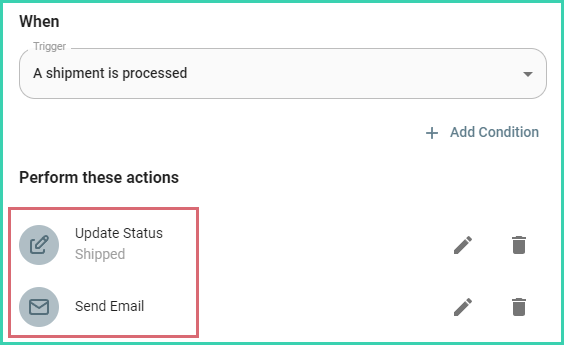 An automation is shown with two actions that update the order status and send an email.