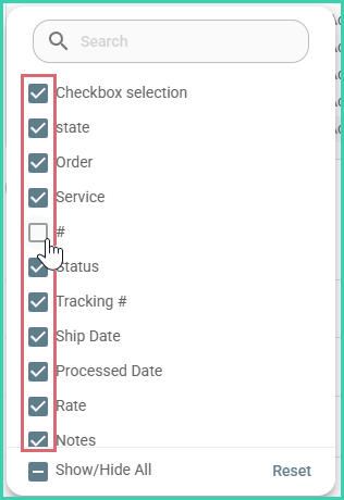 Columns are being shown or hidden in the column management pop up.