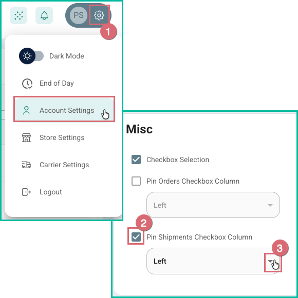 Pin Shipments Checkbox Column setting in account settings