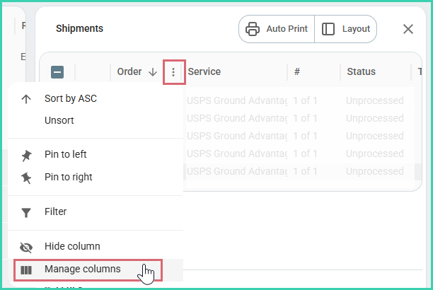 The manage columns option is being selected.