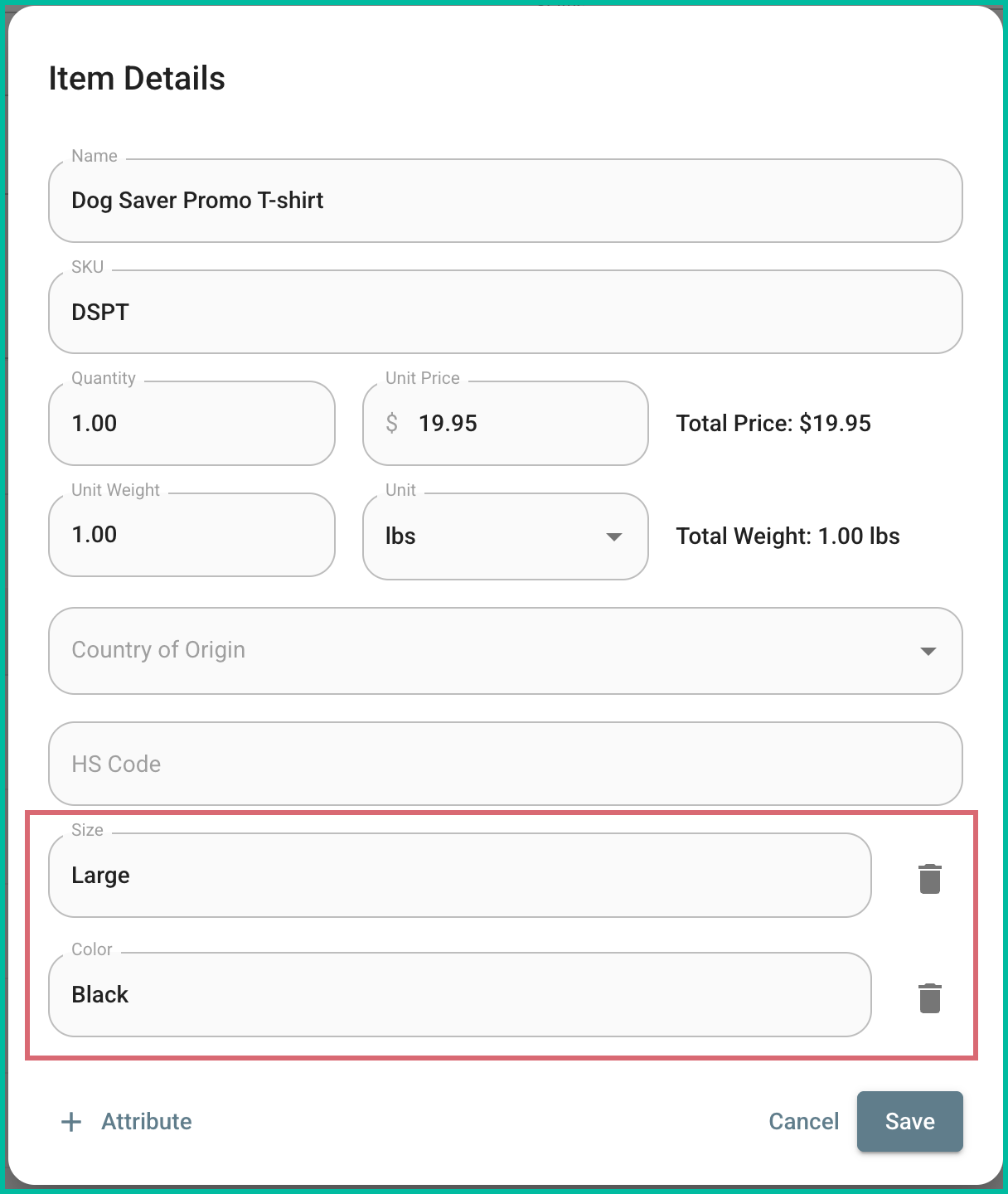The color and size attributes are highlighted in the item details pop-up.