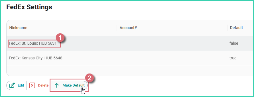 Carrier account selected with the Make Default button highlighted