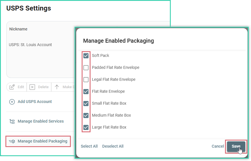 Manage Enabled Packaging dialog with checkboxes for each USPS package type