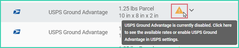 Error displayed on a shipment configured with a disabled service or package type