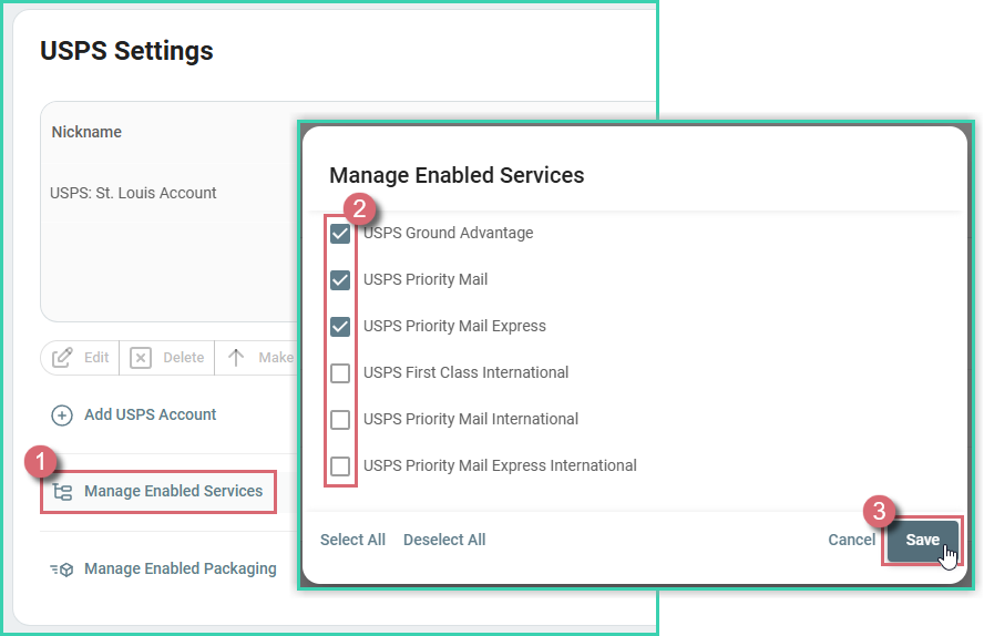 Manage Enabled Services dialog with checkboxes for each USPS service