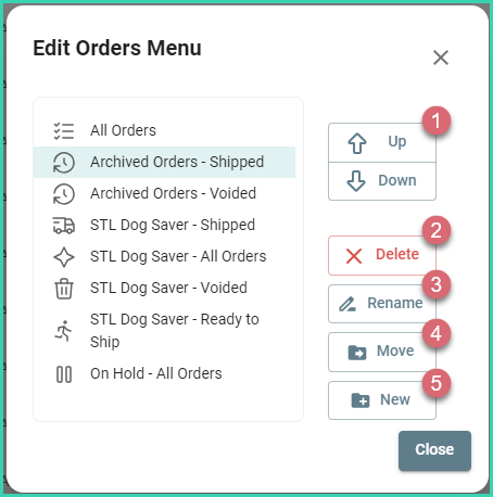 Edit Orders Menu screen showing Up, Down, Delete, Rename, Move, and New options