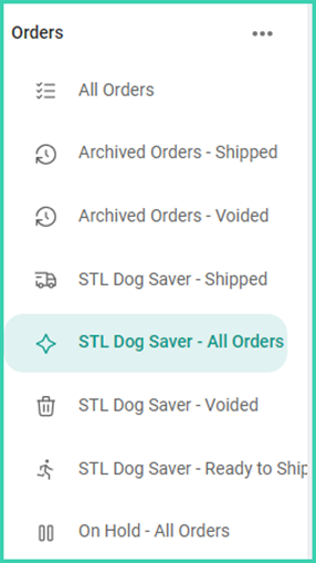 Filters listed in the Orders Menu before being organized