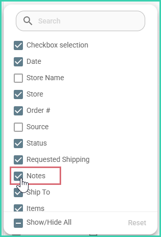 The notes column is checked.