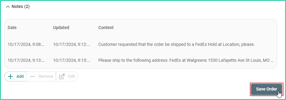 Save Order button highlighted after adding notes