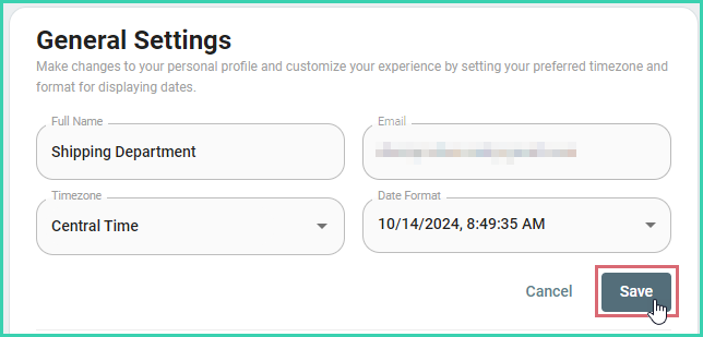 General Settings with Full Name, Timezone, Date Format, and Save button