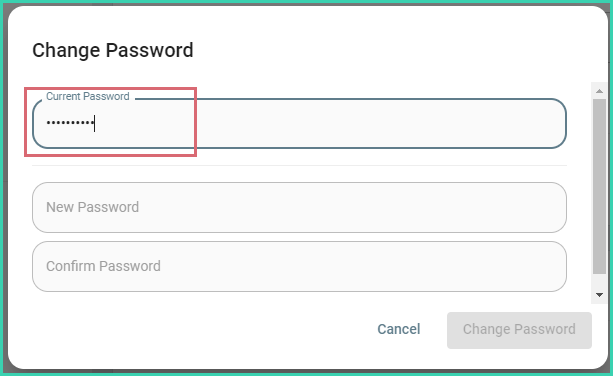 Current password field highlighted in the Change Password form