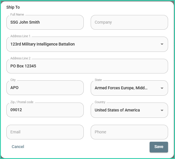 Military address entered into the Ship To fields in Postsale