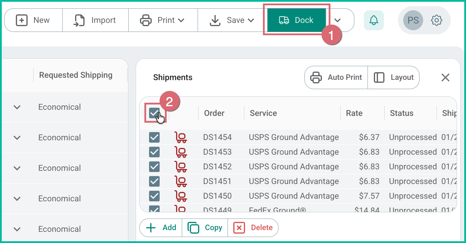 The Dock has been opened and all shipments have been selected.